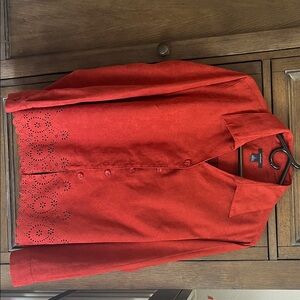 Red Button-Up Shirt with Eyelet Hem